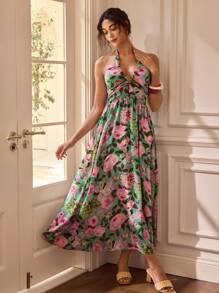 Glamance Gulsengunel Vestido elegante de mujer con estampado floral y espalda descubierta, vestido elegante casual para salir en verano y otoño - Multicolor - Ver 2