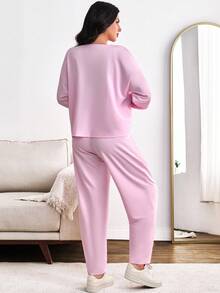 EURMUSE Tuta casual oversize composta da felpa e pantaloni, adatta per uso quotidiano - Rosa antico - Visualizzare 2
