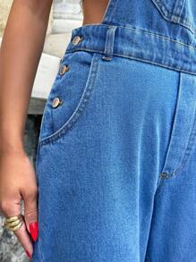 SHEIN Cottnline 100% Cotton Rigid Slant Pocket Denim Overalls - Medium Wash - View 5