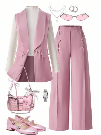 3pcs Casual Sleeveless Blazer Suit Set (Including Long Sleeve Top And Pants) For Teen Girl Suitable For Daily Casual And Commuting Wear Fall Winter