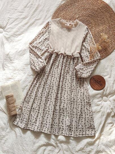 Vintaside Kids 女童卡其色针织提花拼布灯芯绒花卉复古乡村风格连衣裙