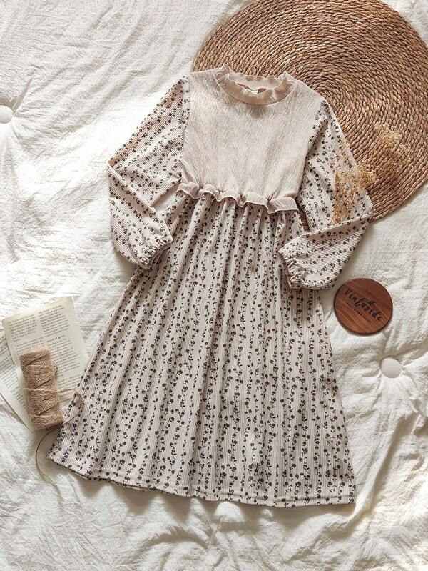 Vintaside Kids Mädchen Khaki gestricktes Jacquard Patchwork Cord Blumen Vintage Landhaus Stil Kleid