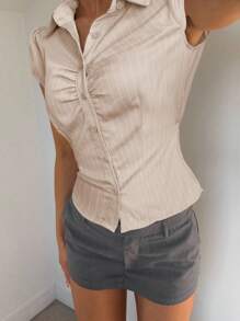 Siren Gaze 女士休闲通勤条纹衬衫，夏季办公室上衣女士办公室衬衫修身衬衫条纹衬衫女士衬衫 - 杏色 - 查看 6