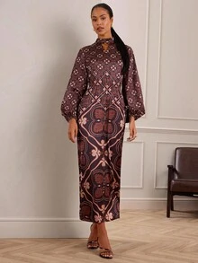 Lilora Women's Elegant Dark Brown Printed Patchwork Lantern Sleeve Maxi Dress,Autumn Commuter Long Sleeve Fall Dresses For Dining - Multicolor - View 5