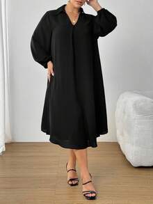 SHEIN PETITE CURVE 大码女式时尚休闲宽松舒适清凉日常黑色 V 领长袖中长连衣裙、保守连衣裙、女式教堂服装、老钱风格、女式端庄服装、曲线黑色连衣裙、春季服装娇小女装灯笼袖连衣裙大码黑色优雅连衣裙女式娇小连衣裙娇小曲线连衣裙 - 黑色 - 查看 4