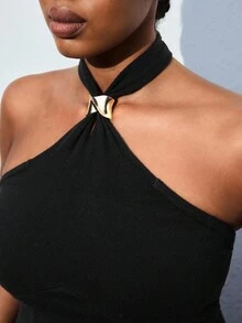 Maija 大码黑色针织挂脖背心毛衣背心金属时尚配饰黑色上衣黑色背心秋冬装女式社交衬衫别致上衣圣诞节万圣节墨西哥非洲 - 黑色 - 查看 2