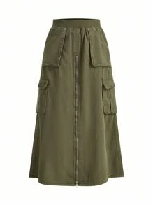 SHEIN x PRISCILA & JIMENA ROMWE Grunge Punk 带盖口袋拉链牛仔半身裙，学校风 - 軍綠色 - 查看 2