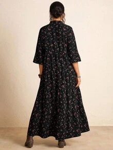 SHEIN LUNE 大码粉色碎花休闲四层连衣裙 - 綠色 - 查看 5