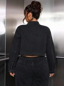 SHEIN Unity Plus Size Solid Color Casual Long Sleeve Denim Jacket, New Spring/Autumn Design Party - Black - View 2