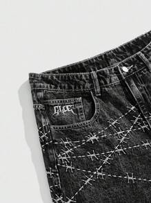 ROMWE MEN Grunge Punk 男式宽松刺纹口袋阔腿休闲牛仔裤