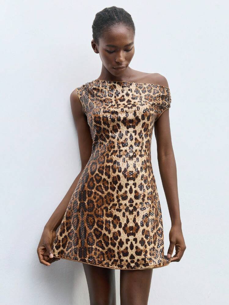 SHEIN Maija Women's Leopard Print Sequin Asymmetrical Collar Elegant Short Dress