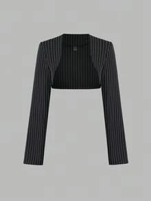 Sweetra Women's Retro Striped Blazer Design Lace Bowknot Waist Slim Fit Halter Dress Set, Elegant Style Fall Cloth For Women