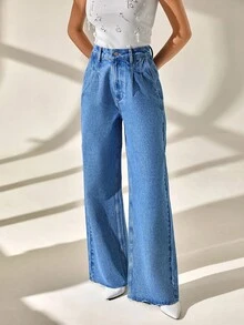 CLARA VERO Pantalón vaquero de mujer de cintura alta, pierna recta y plisado