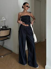 DAZY High-End Denim 2 Pieces Set With Strapless Cropped Top & Casual Pants, Chic Style - Dark Wash - View 8