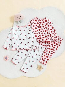 Conjunto de 4 piezas de pijama para niña bebé con cuello redondo, manga larga y volantes con estampado floral - Multicolor - Ver 2