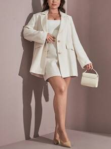 RueChic 大码翻领单排扣西装外套和裙子 - 米色 - 查看 4