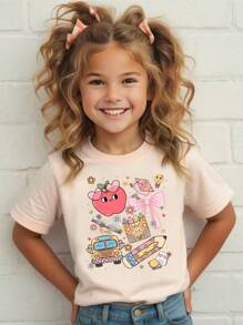 返校季女童休闲时尚创意铅笔彩色蝴蝶结卡通图案印花基础款短袖T恤 女童图案T恤 小女孩图案T恤 返校季女童衬衫 - 米色 - 查看 3