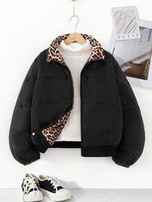 2-In-1 Black Leopard Print Padded Coat For Teen Girl Minimalist, Comfortable And Fashionable, Short Style, Suitable For Pre-Teen Girls Fall Winter - Multicolor - View 5