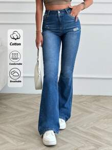 EURMUSE 98% CottonHIGH RISE FLARE FIT DESTROYED WOMEN JEAN - Medium Wash - View 1