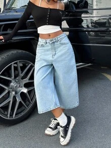 CasuGlow 女士低腰雪花洗牛仔短裤 - 淺色水洗藍 - 查看 6