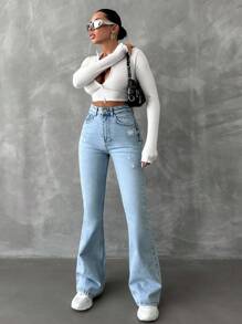 SHEIN Tall 98%纯棉拉链破洞喇叭裤牛仔裤 - 中等水洗藍 - 查看 6