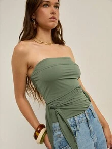 Nöista 深绿色无肩带抹胸上衣，侧边系带设计，修身剪裁。非常适合秋季女性穿着，也适合音乐会、休闲装扮、波西米亚风和西部风格。 - 綠色 - 查看 5