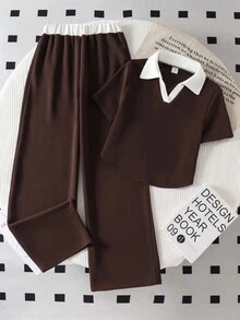 Sparklyn 少女T恤套装，年轻女士时尚灰色服装，白色领口拼接和弧形下摆，搭配裤子，休闲简约 - 棕色 - 查看 1