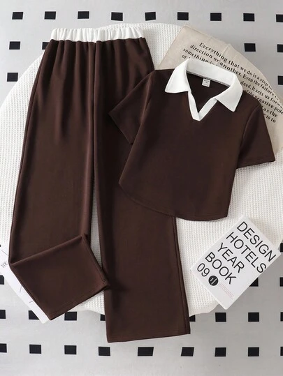 Sparklyn T-shirtset för tonårsflickor, moderiktig grå outfit med vit krage och rundad fåll, i kombination med byxor, avslappnad och enkel