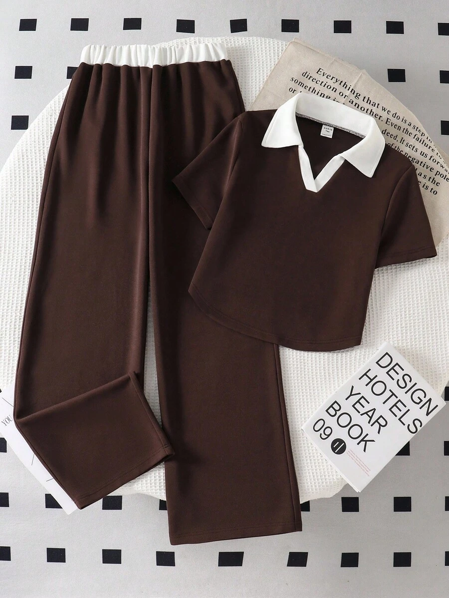 Sparklyn 少女T恤套装，年轻女士时尚灰色服装，白色领口拼接和弧形下摆，搭配裤子，休闲简约 - 棕色 - 查看 1