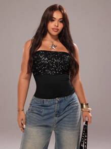 Rustia Plus Size Sexy Backless Sequin Knit Elastic Fitted Crop Top For Women, Summer - Black - View 6