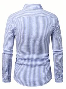 Calvornis Camisa casual de manga larga de un solo pecho con bolsillo y rayas para hombre, otoño - Azul y blanco - Ver 2