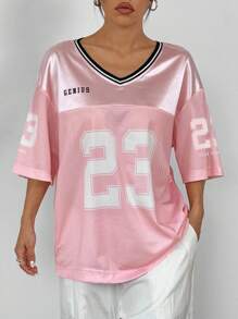 SHEIN EZwear Áo thun nữ cỡ lớn in kỹ thuật số, kiểu dáng phối mảnh, thích hợp cho mùa hè, đi học, thu, công sở, đi làm, dành cho giáo viên. - Hồng - Xem 5