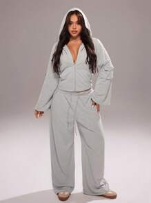 Rustia Plus Size Casual 2 Pieces Set: Long Sleeve Zip-Up Hoodie And Drawstring Pants Fall Cloth For Women CASUAL - Light Grey - View 6