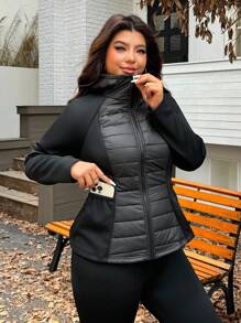 SHEIN CURVE+ Áo khoác nữ cỡ lớn có khóa kéo, ấm áp cho mùa thu/đông, mùa thu, trở lại trường, vải chần bông, ấm áp - màu đen - Xem 7