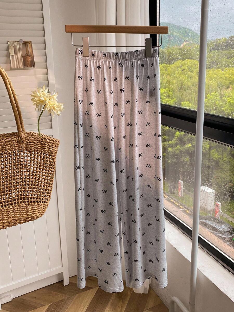 Tween Girls' Bow Print Elastic Waist Casual Pants - Grey - View 1