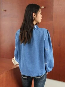 K-Vae 女士秋冬刺绣荷叶边牛仔衬衫，羊腿袖衬衫，乡村风格衬衫，万圣节服装，别致秋季 - 淺色水洗藍 - 查看 4