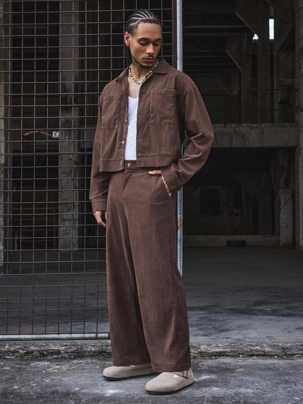 PAVTROS Men's Casual Short Turndown Collar Corduroy Shirt And Wide Leg Pants Set, Fall Clothes, Cozy Outfits