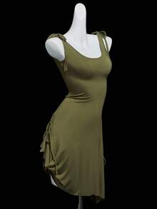 SHEIN ICON Backless Tie-Up Versatile Hem Mini Dress, Fitted - Dark Green - View 7