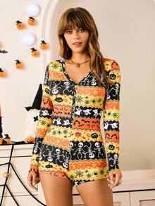 Chillnights Women's Halloween Pattern Romper Pajamas, Fall Halloween Pajamas Women One Piece Sleepwear Pajama Romper For Women - Multicolor - View 3