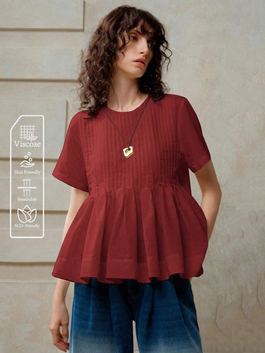 SHEIN 女士粘胶纤维梭织纯色短袖圆领休闲个性褶皱衬衫,适合春夏、度假、通勤和日常穿着,娃娃衫,夏季女装,可爱夏季上衣,夏季衬衫,外出上衣,可爱夏季上衣,娃娃衫,女士夏季上衣,粘胶纤维上衣,针织上衣,锈红色上衣,美拉德风格夏季棕色上衣 - 鏽棕色 - 查看 1