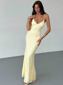 Aloruh 女士优雅性感纯色蕾丝露背吊带连衣裙，夏季 - 黃色 - 查看 9