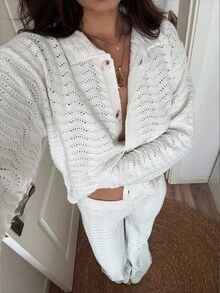 Sunnyshic Women's Casual Hollow Knit Cardigan And Sweater Pants 2 Pieces Set, Autumn/Winter - Beige - View 5