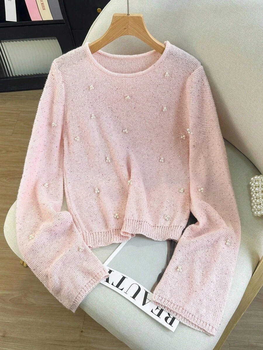 GlowEve Áo len chui đầu tay loe đính sequin và ngọc trai mềm mại & tinh tế, màu hồng, áo chui đầu dệt kim mùa xuân/thu thu đông - Hồng - Xem 1