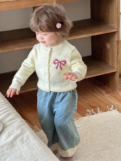 DAZY Baby Girl Round Neck Bow Decor Casual Contrast Color Korean Style Cardigan Fall, Winter
