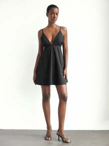 Maija Women's Spaghetti Strap Solid Deep V-Neck Backless Sexy Summer Mini Dress,Vacation Outfits