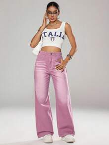 Jeanoix 休闲水洗宽松直筒牛仔裤 - 紅色 - 查看 5