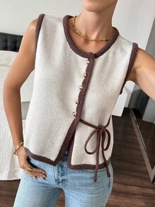 Serisse New Autumn Contrast Color Knitted Vest, Metal Buckle Contrast Color Edge Lace Woolen Vest For Women,Fall Winter Brown