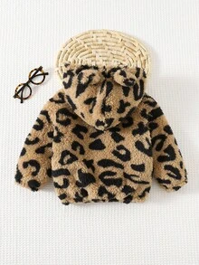 Cozy Pixies 女婴豹纹3D立体耳朵连帽长袖外套，加厚保暖内衬，适合秋冬季节穿着