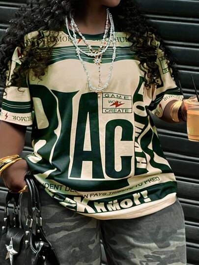 Rovax Plus Size Women Letter Print Round Neck Short Sleeve Casual T-Shirt, Summer