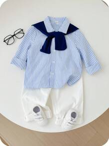 SHEIN 3 件套年轻男孩休闲韩版舒适时尚宽松衬衫和裤子两件套服装套装，适合秋冬季日常、上学、旅行、运动